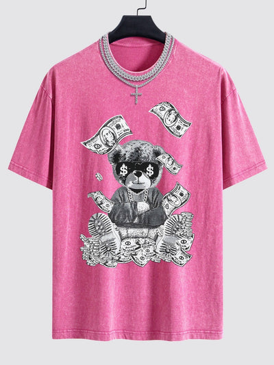 Money Bear Print Washed Drop Shoulder Oversize T-Shirt