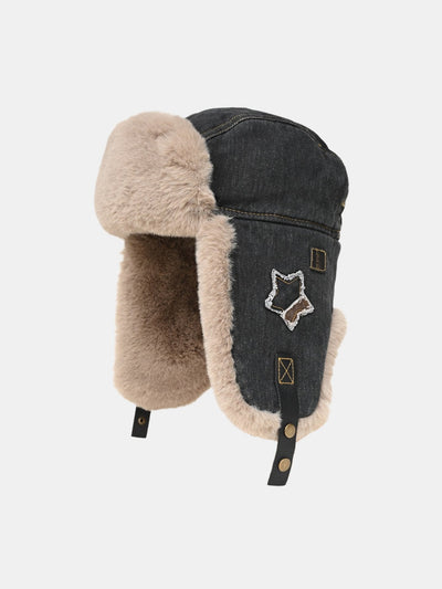 Star Patch Denim Plush Trooper Trapper Hat