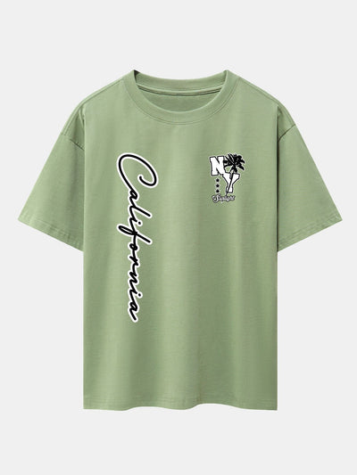 New York California Palm Tree Print Drop Shoulder Oversize T-Shirt