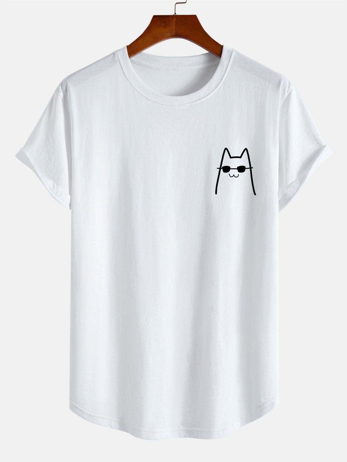 Cat With Sunglasses Print Cotton Arc Hem T-Shirt