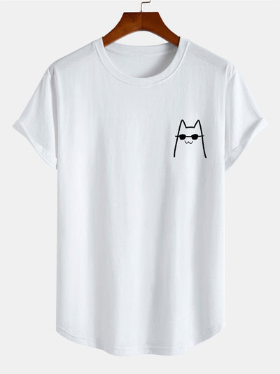 Cat With Sunglasses Print Cotton Arc Hem T-Shirt