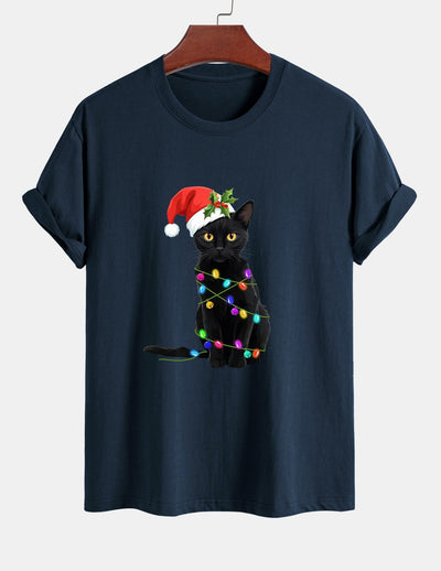 Regular Fit Christmas Lights Cat Print Cotton T-Shirt