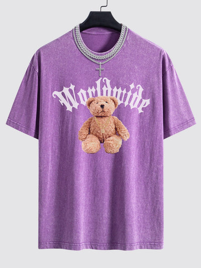 Bear Print Washed Drop Shoulder Oversize T-Shirt