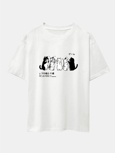 Friend Cat Print Drop Shoulder Oversize T-Shirt