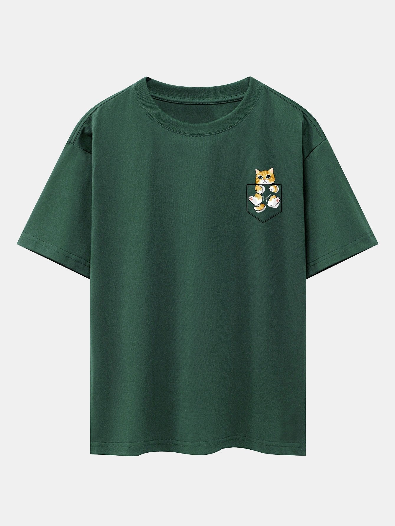 Pocket Cat Print Drop Shoulder Oversize T-Shirt