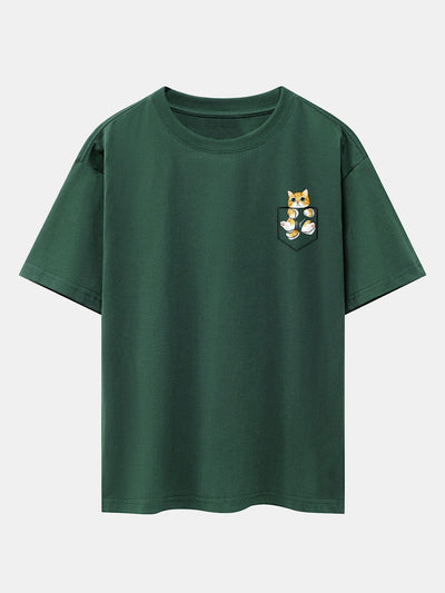 Pocket Cat Print Drop Shoulder Oversize T-Shirt