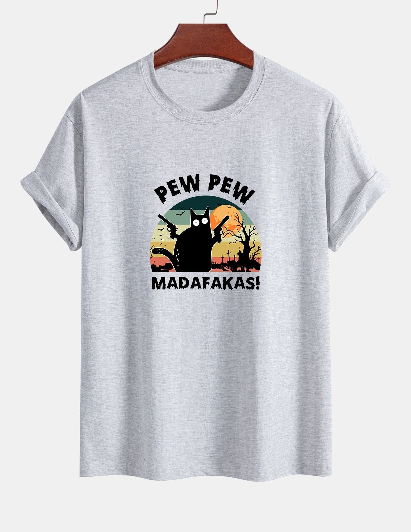 Regular Fit PEW PEW MADAFAKAS Black Cat Print Cotton T-Shirt