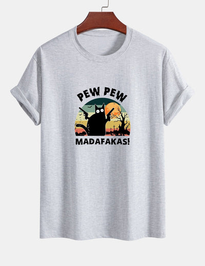 Regular Fit PEW PEW MADAFAKAS Black Cat Print Cotton T-Shirt