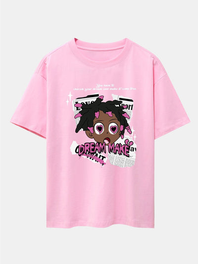 Cartoon Character Newspaper Print Drop Shoulder Oversize T-Shirt