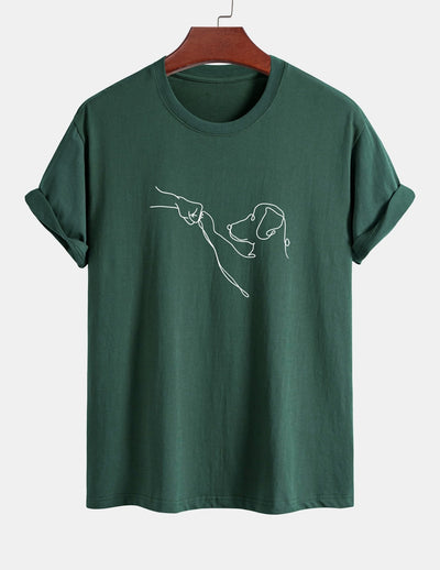 Regular Fit Dog Line Drawing Print Cotton T-Shirt