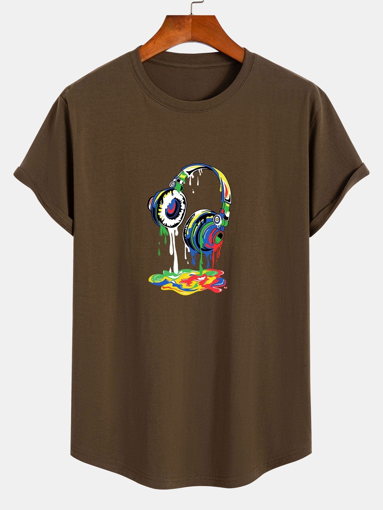Headphones Graffiti Print Cotton Arc Hem T-Shirt