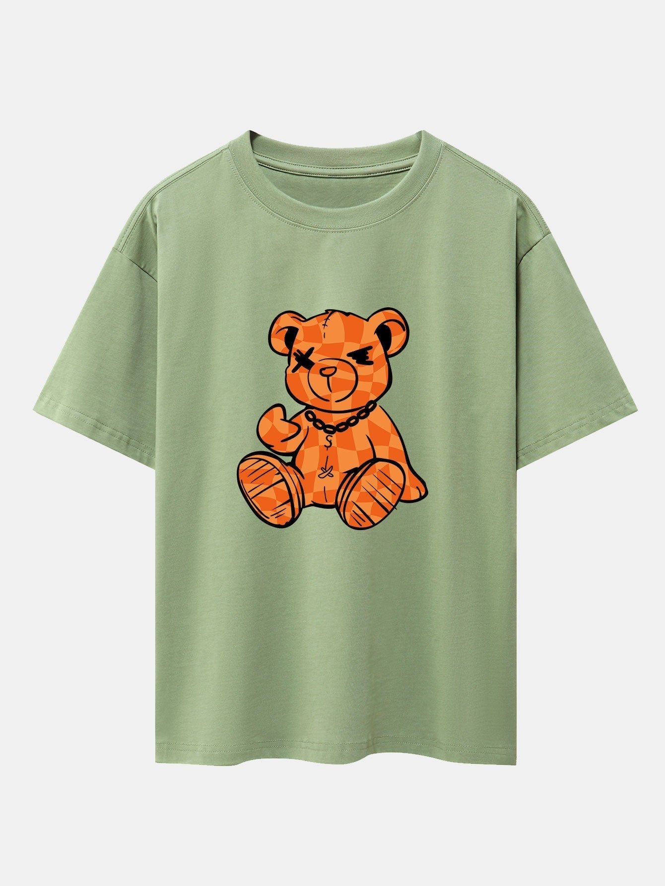 Orange Stitching Bear Print Drop Shoulder Oversize T-Shirt