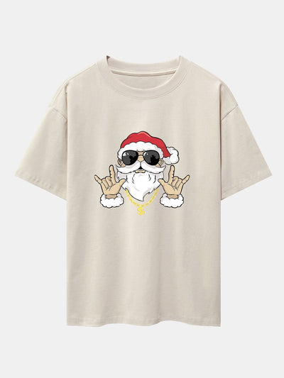Hip Hop Santa Print Heavy Weight Drop Shoulder Oversize T-Shirt