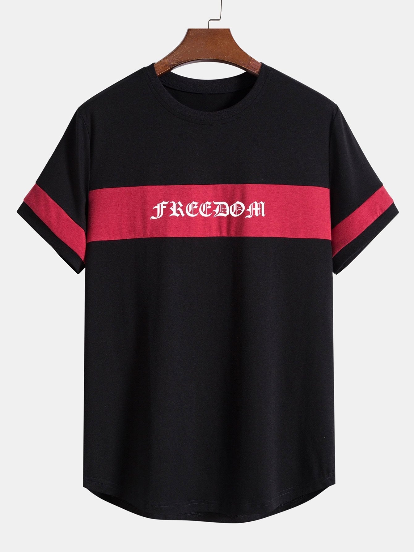 Freedom Print Color Block Patchwork Arc Hem T-Shirt