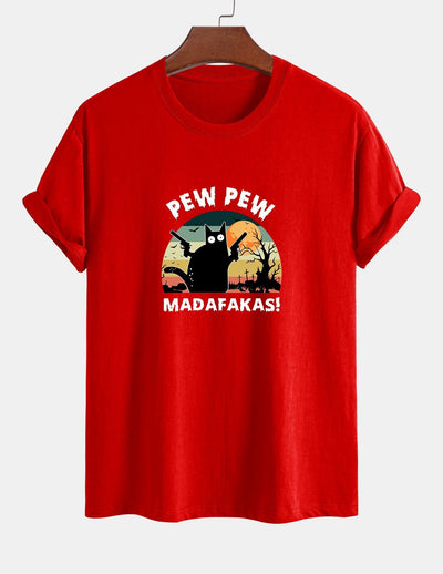 Regular Fit PEW PEW MADAFAKAS Black Cat Print Cotton T-Shirt