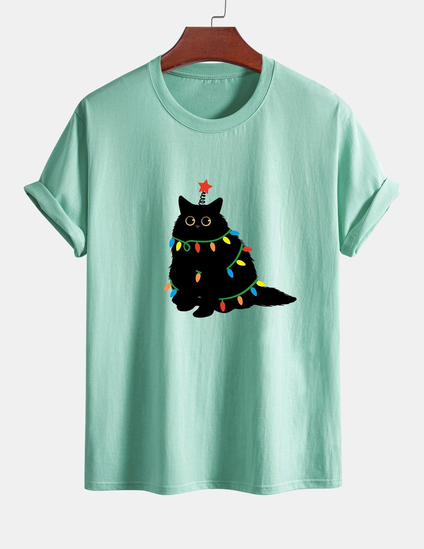 Regular Fit Colorful Light Black Cat Print Cotton T-Shirt