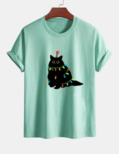 Regular Fit Colorful Light Black Cat Print Cotton T-Shirt