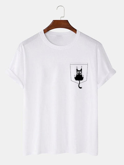 Cat Slipping Out Of Pocket Print T-Shirt