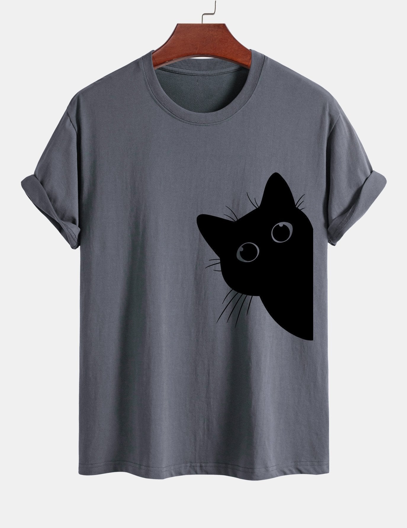 Regular Fit Black Cat Looking Out Print Cotton T-Shirt