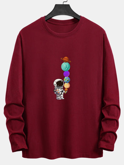 Long Sleeve Planet Astronaut Print Cotton T-Shirt