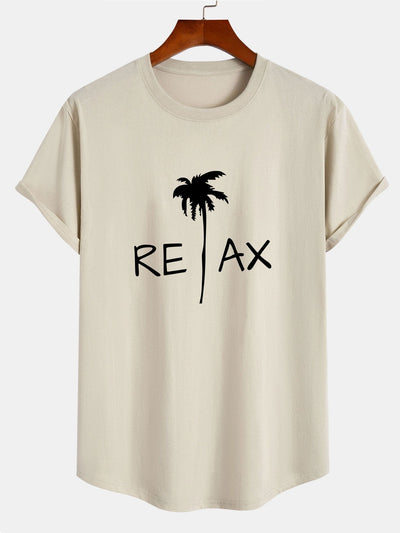 Relax Palm Tree Print Cotton Arc Hem T-Shirt