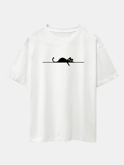 Black Cat Print Drop Shoulder Oversize T-Shirt