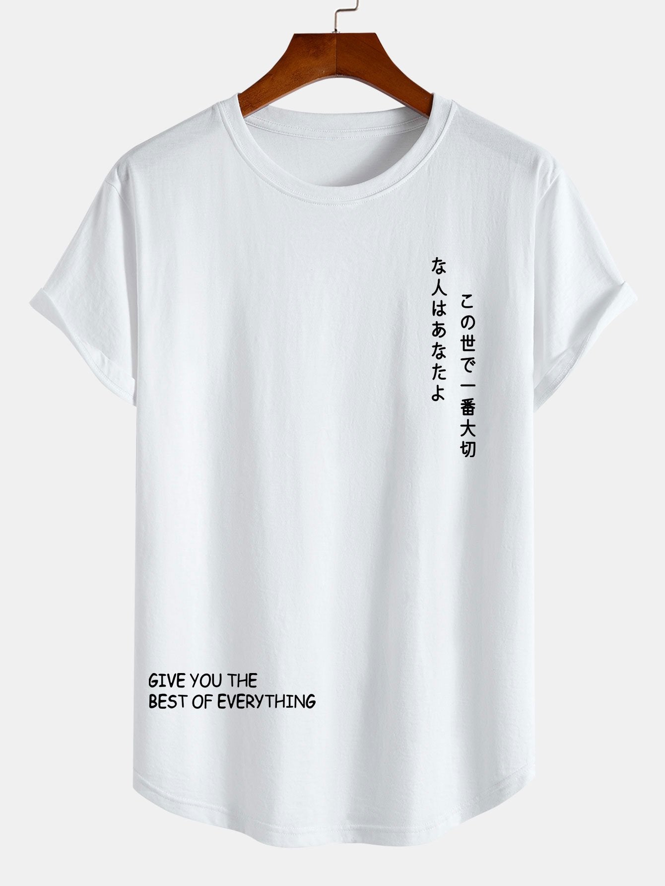 Japanese Slogan Print Cotton Arc Hem T-Shirt