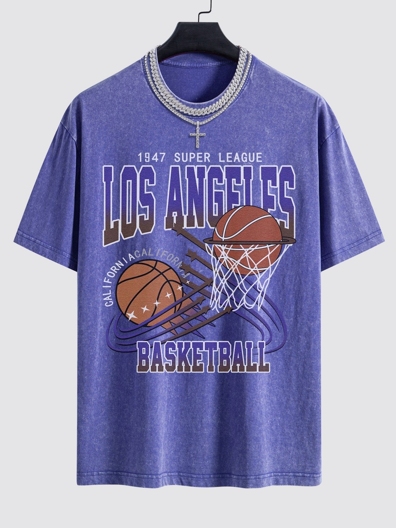 Los Angeles Basketball Print Washed Drop Shoulder Oversize T-Shirt