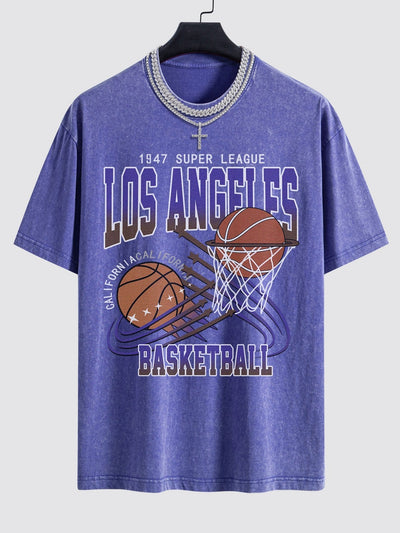 Los Angeles Basketball Print Washed Drop Shoulder Oversize T-Shirt