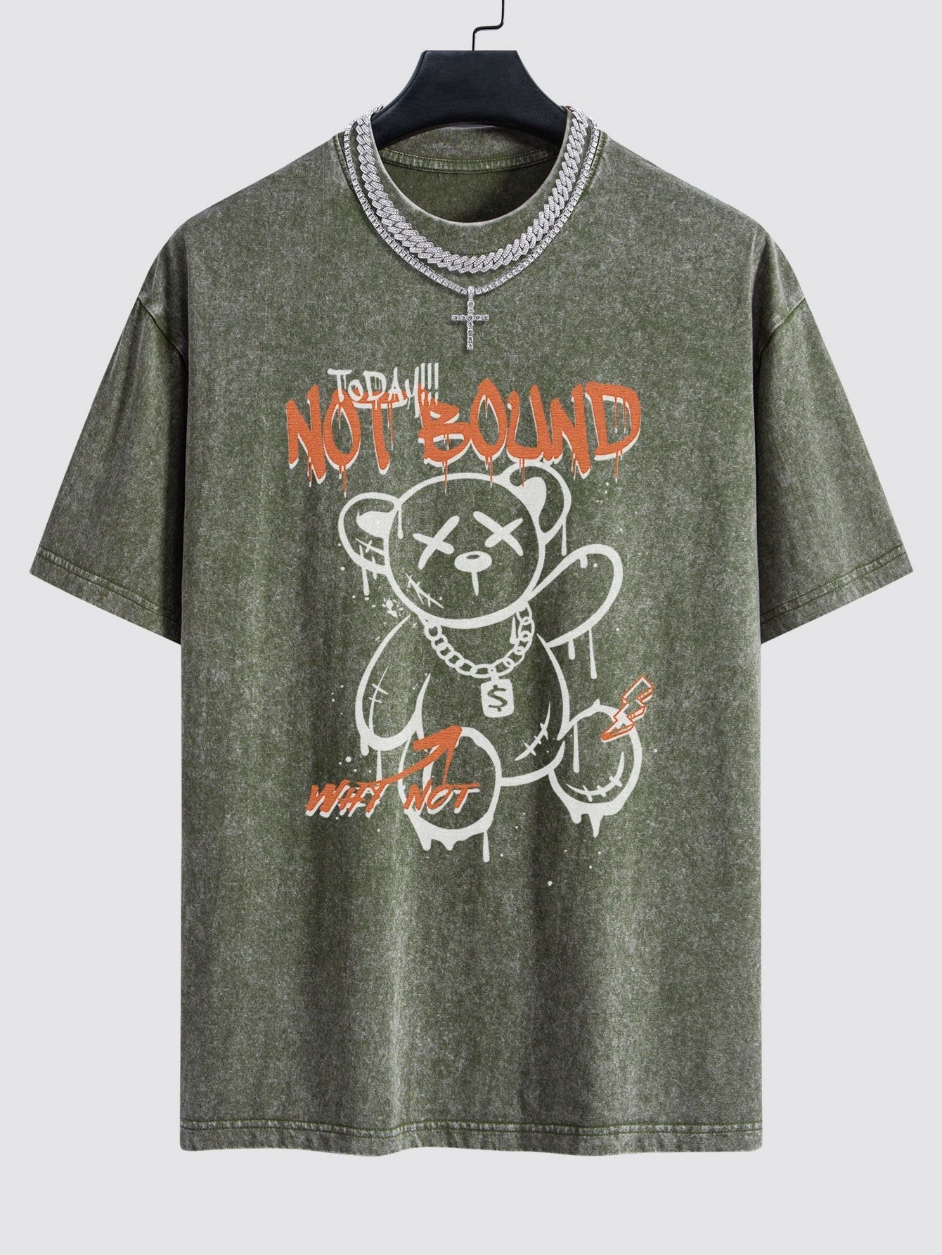 Slogan Graffiti Bear Print Washed Drop Shoulder Oversize T-Shirt