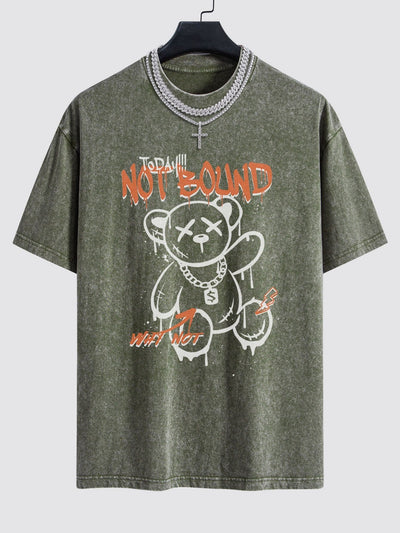 Slogan Graffiti Bear Print Washed Drop Shoulder Oversize T-Shirt