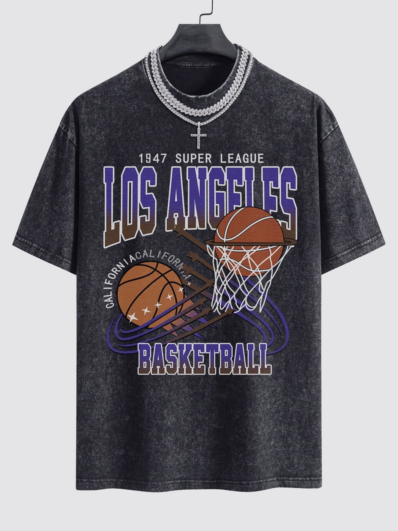 Los Angeles Basketball Print Washed Drop Shoulder Oversize T-Shirt