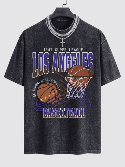 Los Angeles Basketball Print Washed Drop Shoulder Oversize T-Shirt