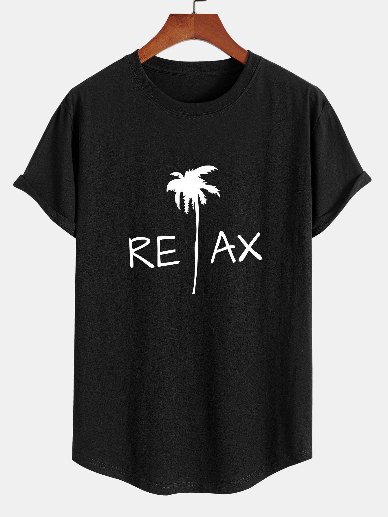 Relax Palm Tree Print Cotton Arc Hem T-Shirt