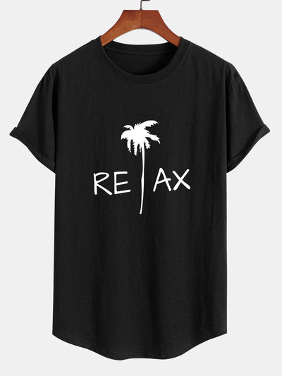 Relax Palm Tree Print Cotton Arc Hem T-Shirt
