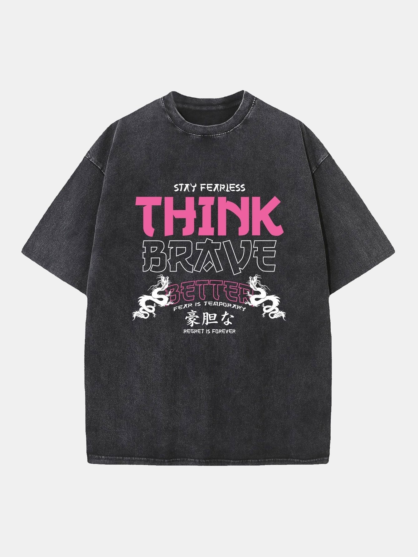 Japanese Think Brave Print Washed Distressed Drop Shoulder T-Shirt