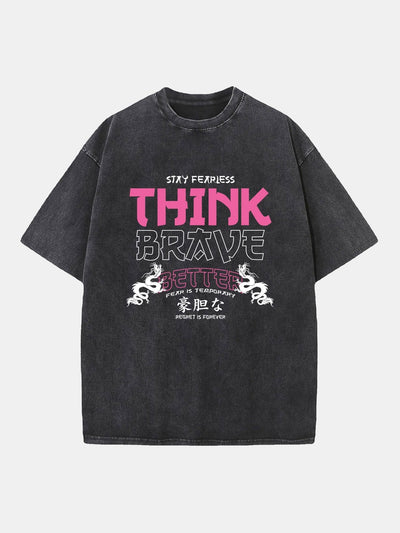 Japanese Think Brave Print Washed Distressed Drop Shoulder T-Shirt