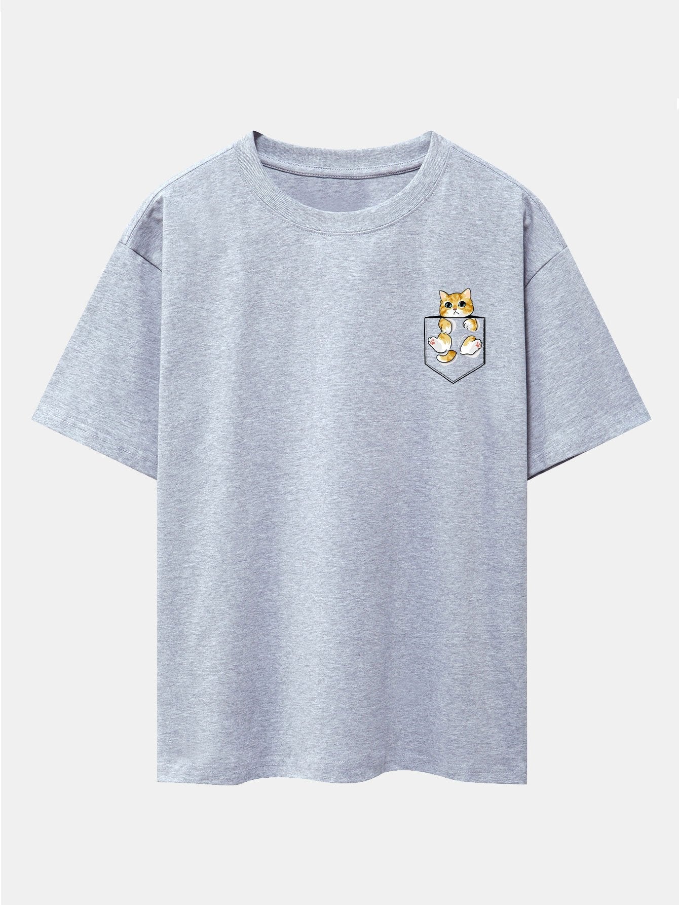 Pocket Cat Print Drop Shoulder Oversize T-Shirt
