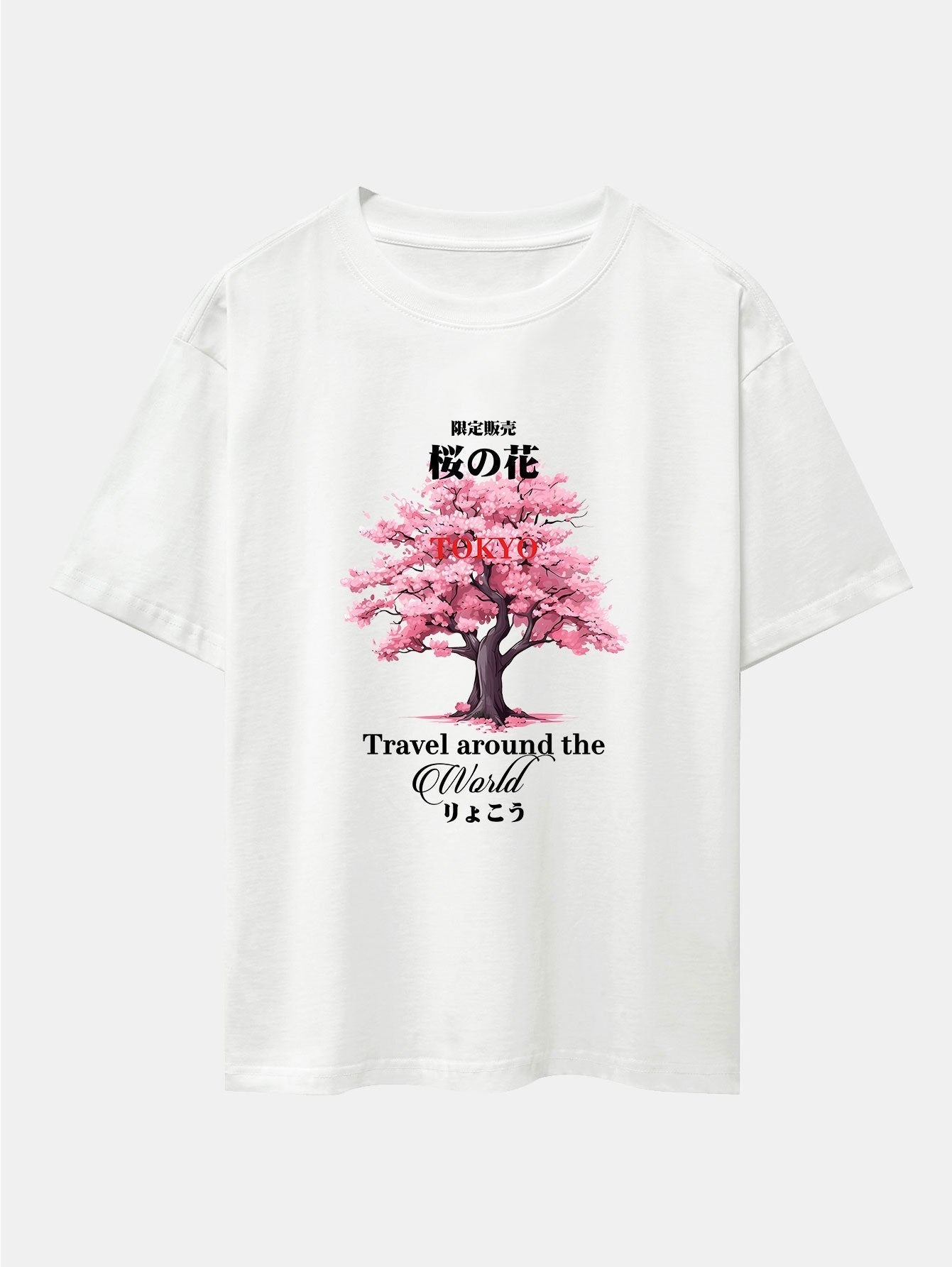 Tokyo Cherry Blossoms Print Drop Shoulder Oversize T-Shirt
