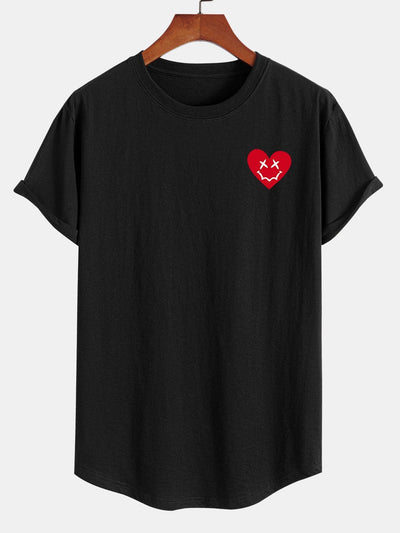 Heart Smiley Face Print Cotton Arc Hem T-Shirt