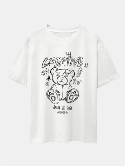 Graffiti Bear Print Drop Shoulder Oversize T-Shirt