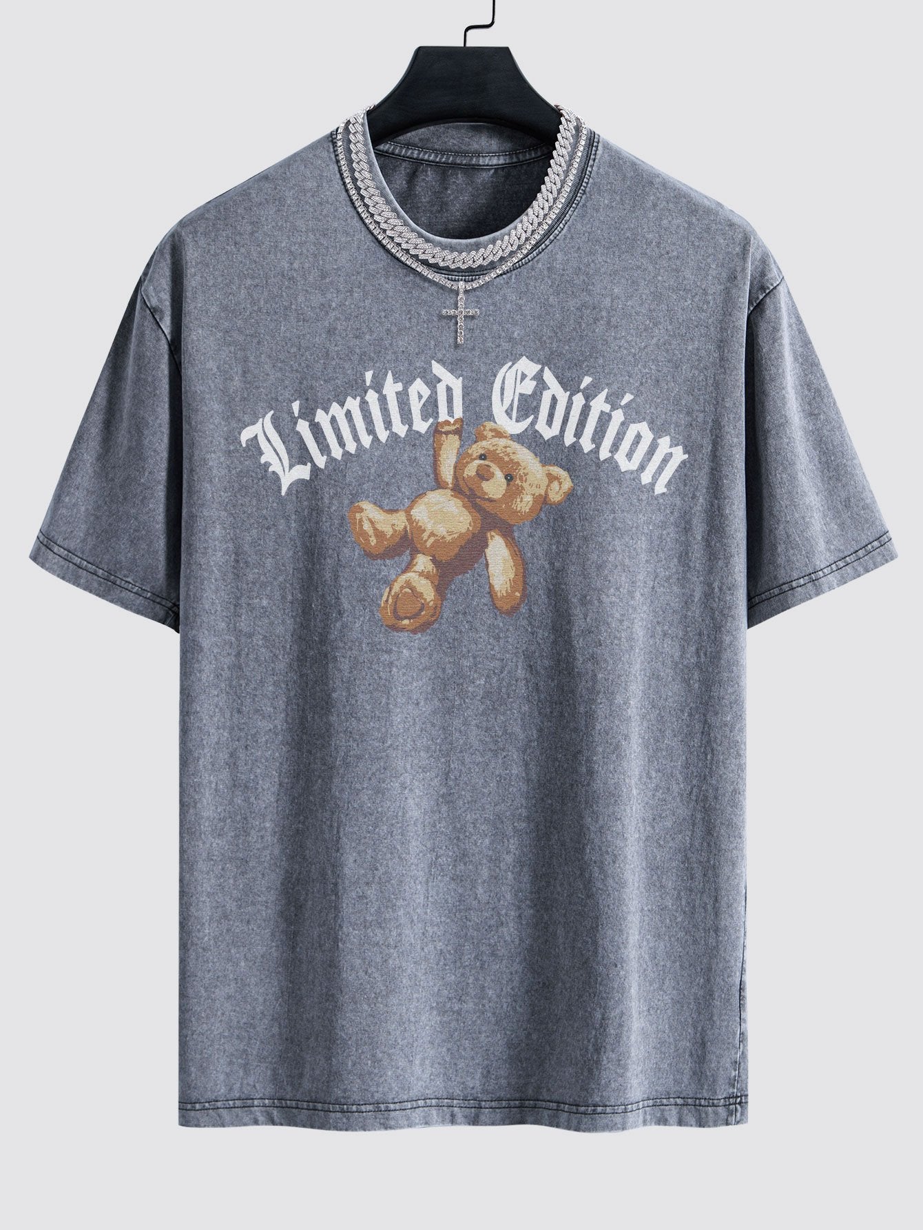 Slogan Bear Print Washed Drop Shoulder Oversize T-Shirt