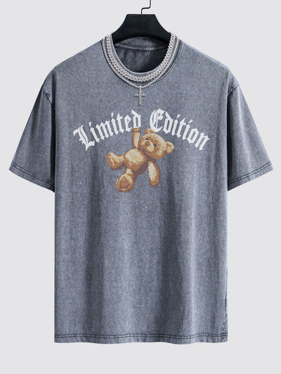 Slogan Bear Print Washed Drop Shoulder Oversize T-Shirt