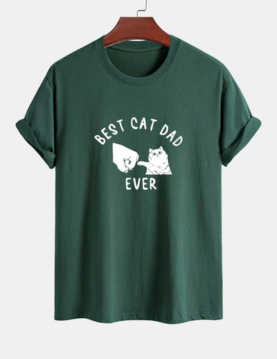 Regular Fit Best Cat Dad Ever Print Cotton T-Shirt