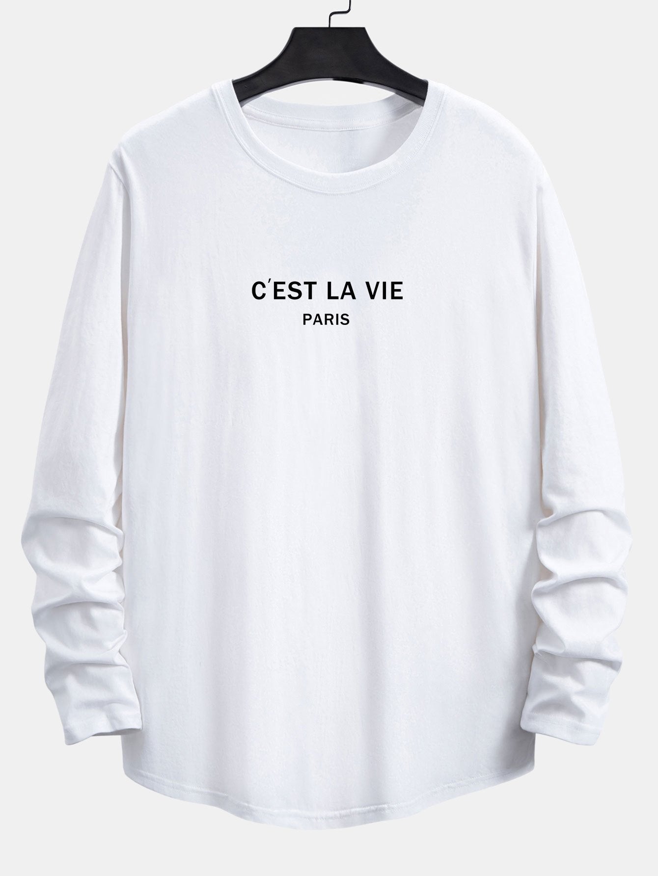 Long Sleeve Paris Slogan Print Cotton Arc Hem T-Shirt