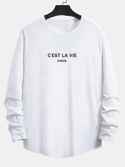 Long Sleeve Paris Slogan Print Cotton Arc Hem T-Shirt