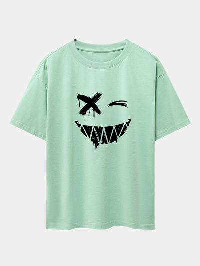 Dissolved Smiley Face Print Drop Shoulder Oversize T-Shirt