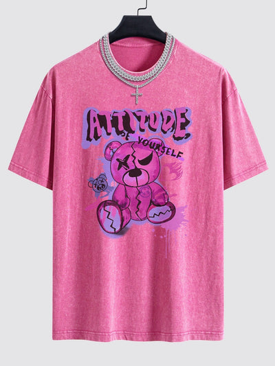 Slogan Violent Bear Print Washed Drop Shoulder Oversize T-Shirt
