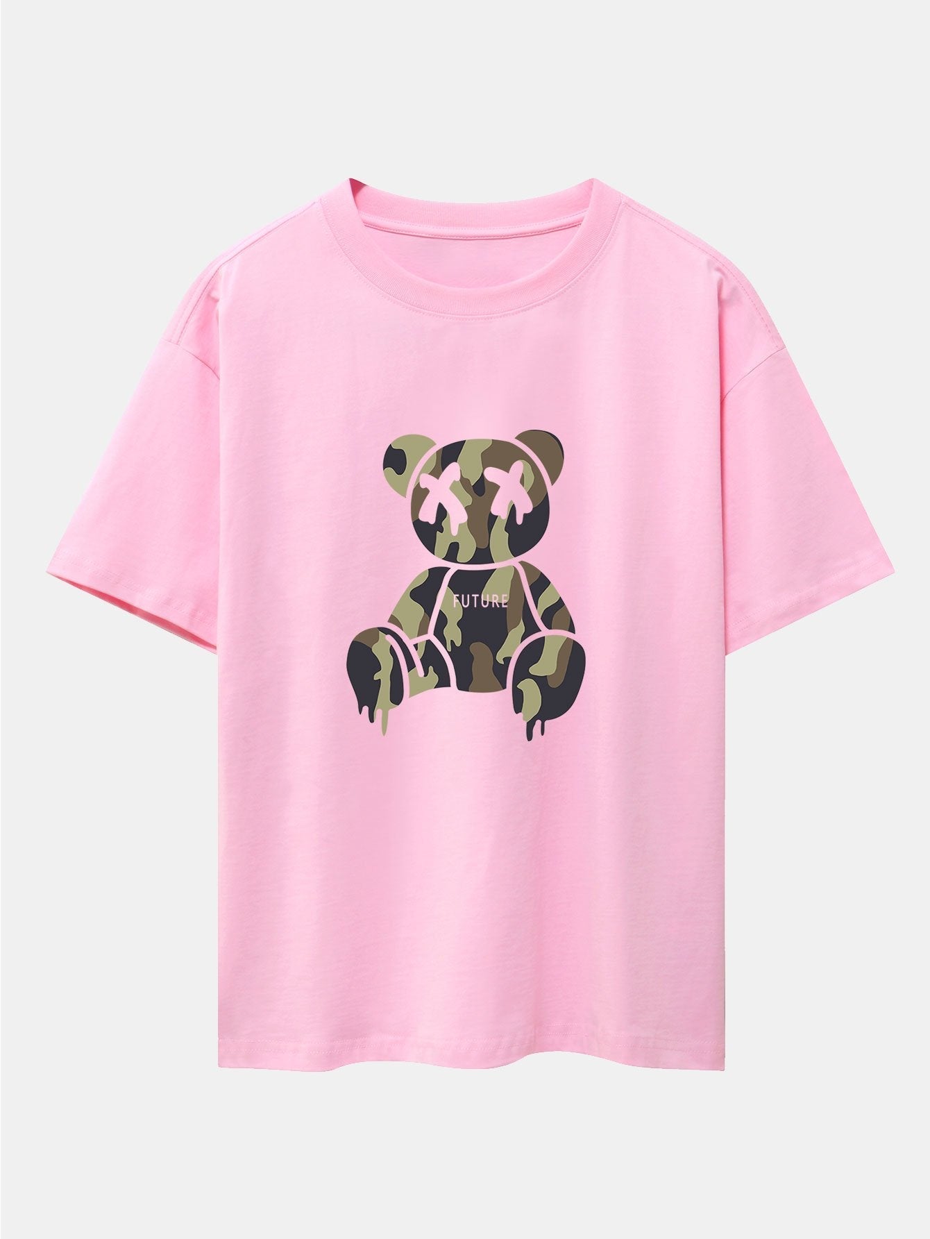 Camouflage Dissolving Bear Print Drop Shoulder Oversize T-Shirt