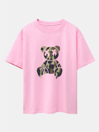 Camouflage Dissolving Bear Print Drop Shoulder Oversize T-Shirt